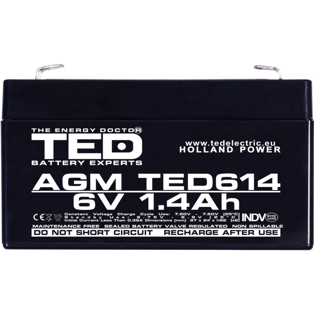 Acumulator 6V Stationar VRLA, Dimensiuni 97 x 24 x 52 mm, Baterie 6V 1.4Ah F1, TED Electric TED002839 [3]