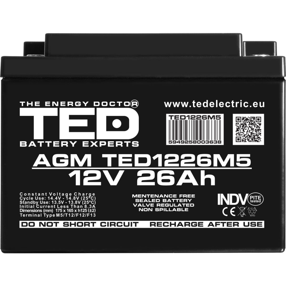 Acumulator AGM VRLA 12V 26Ah Dimensiuni 175 x 165 x 125 mm M5 [3]