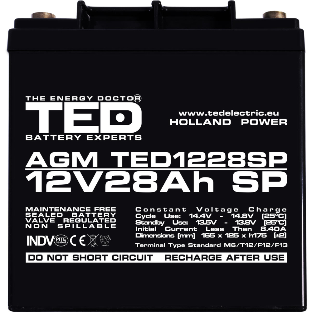Acumulator AGM VRLA 12V 28Ah Dimensiuni Speciale 165 x 125 x 175 mm M6 [3]