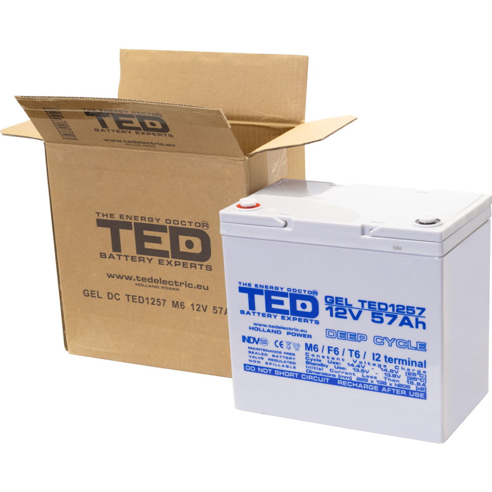 Acumulator gel Deep Cycle Ted Electric 12V 57Ah, terminal M6, fara mentenanta, 229 x 138 x 208 mm [4]