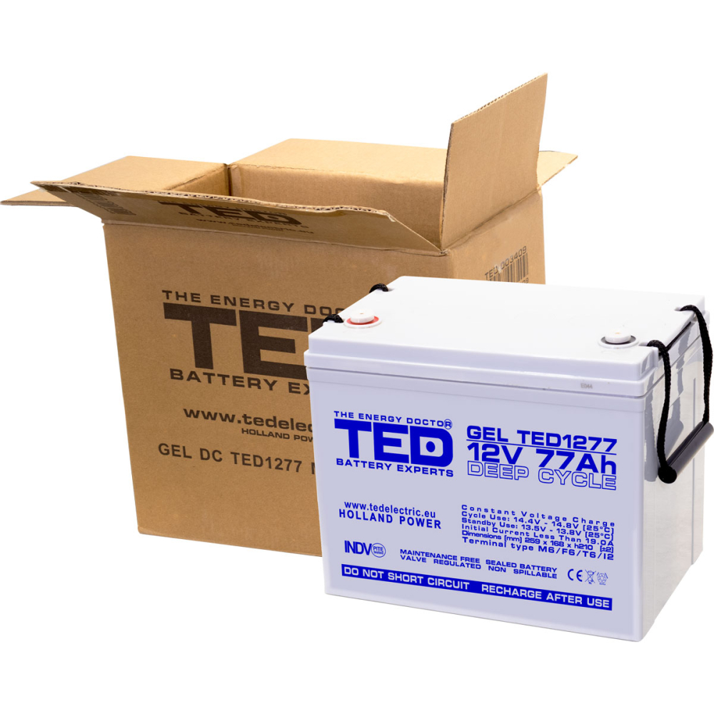Acumulator gel Deep Cycle Ted Electric 12V 77Ah, terminal M6, pentru solar, UPS si echipamente industriale, 259 x 168 x 211 mm [4]