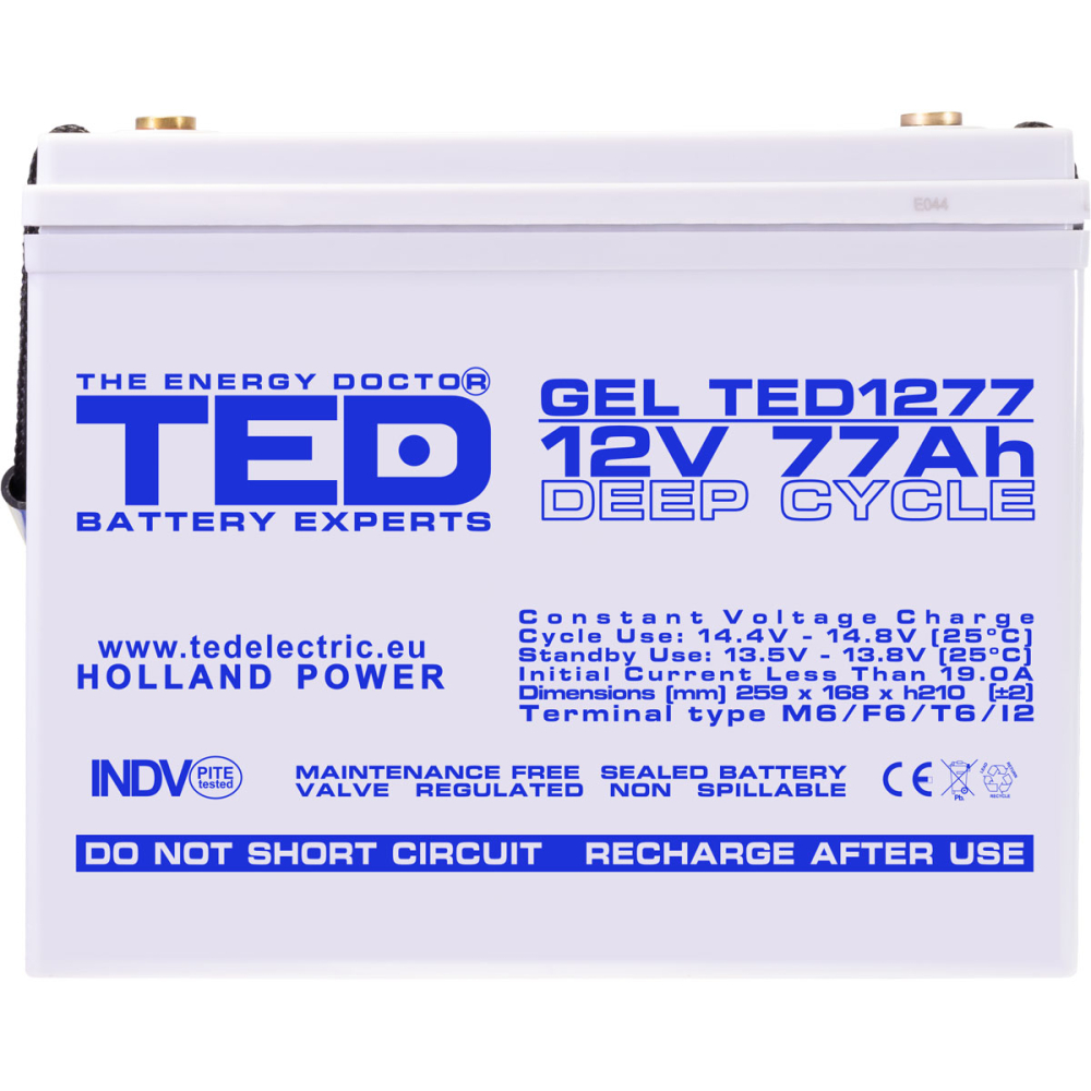 Acumulator gel Deep Cycle Ted Electric 12V 77Ah, terminal M6, pentru solar, UPS si echipamente industriale, 259 x 168 x 211 mm [3]