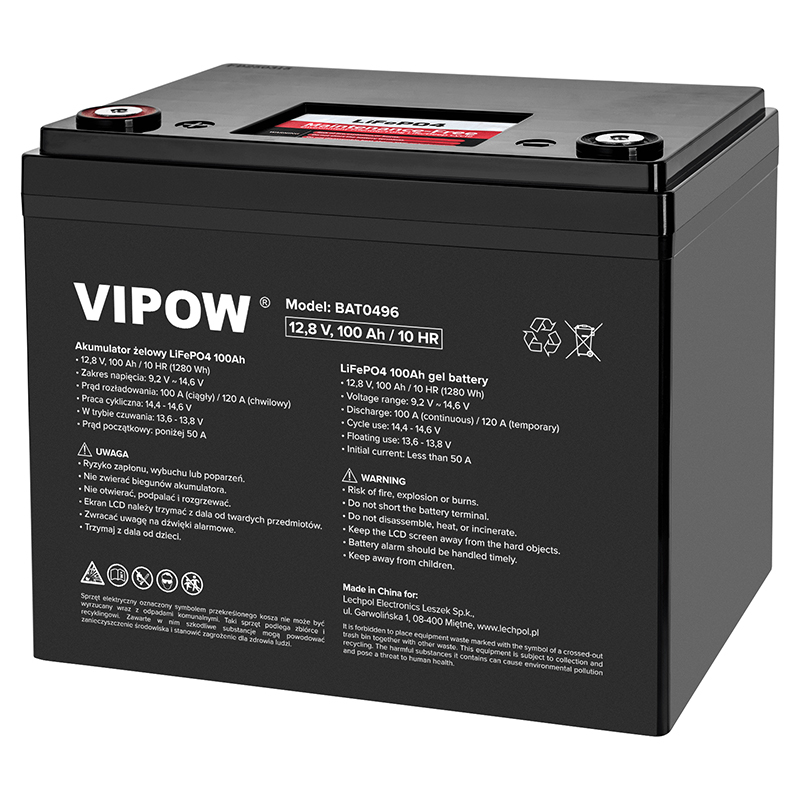 Acumulator gel LiFePO4 Vipow 8V 100Ah, fara mentenanta, 195 x 280 x 295 mm [1]