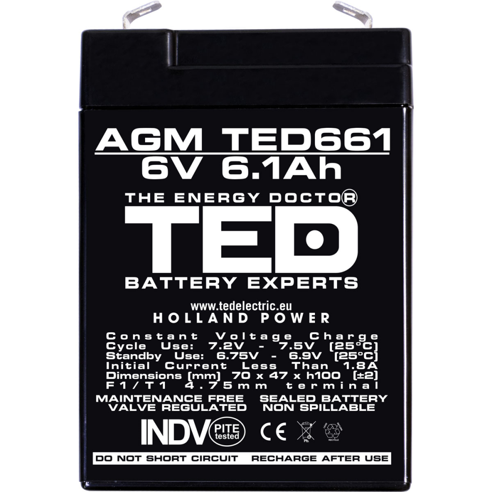 Acumulator Stationar 6V 6.1Ah Agm Vrla, Dimensiuni 70 X 48 X 101 Mm, Ted Electric Ted002938 [3]