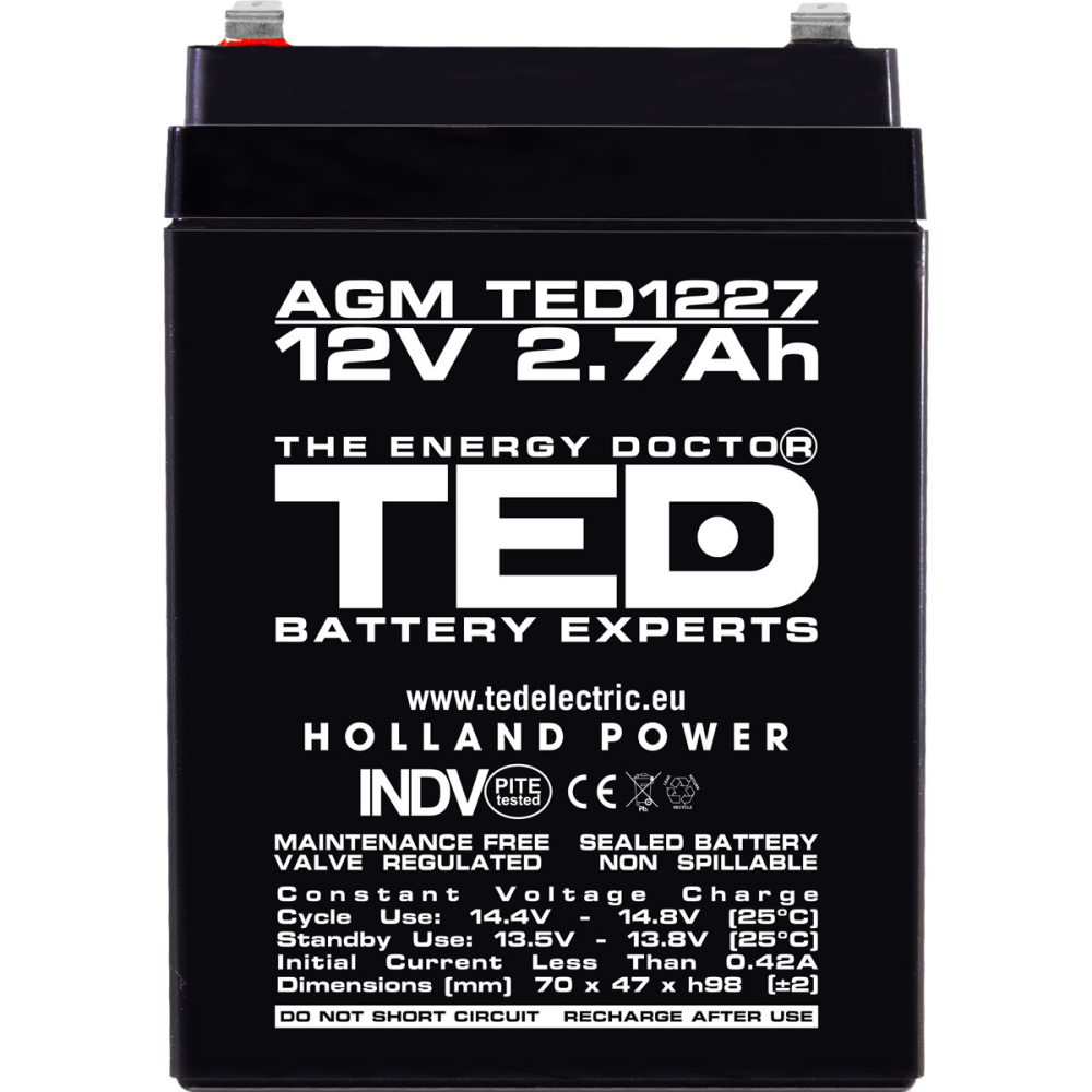 Acumulator Stationar Agm Vrla 12V 2,7A, Dimensiuni 70 X 47 X 98 Mm, Ted Electric Ted003119 [3]