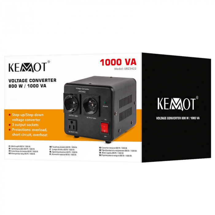 Convertor de Tensiune 800W / 1000VA, Bidirectional 230V↔115V, Toroidal, 3 Tipuri de Prize, Kemot [4]