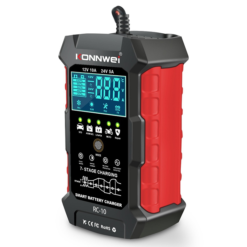 Incarcator inteligent pentru baterii auto Konnwei RC-10, 12V/24V, 5A/10A, Afisaj LCD, Functie Puls Reparare al Bateriei, Compatibil Baterie Li Ion Lifepo4, baterii cu gel, plumb acid, Rosu/Negru [3]