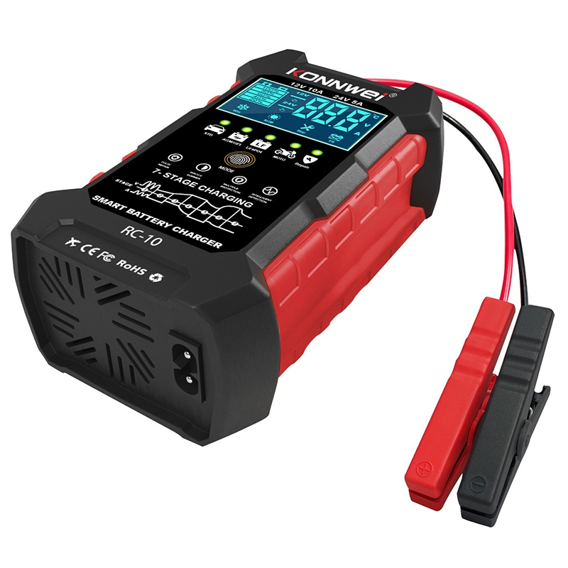 Incarcator inteligent pentru baterii auto Konnwei RC-10, 12V/24V, 5A/10A, Afisaj LCD, Functie Puls Reparare al Bateriei, Compatibil Baterie Li Ion Lifepo4, baterii cu gel, plumb acid, Rosu/Negru [6]