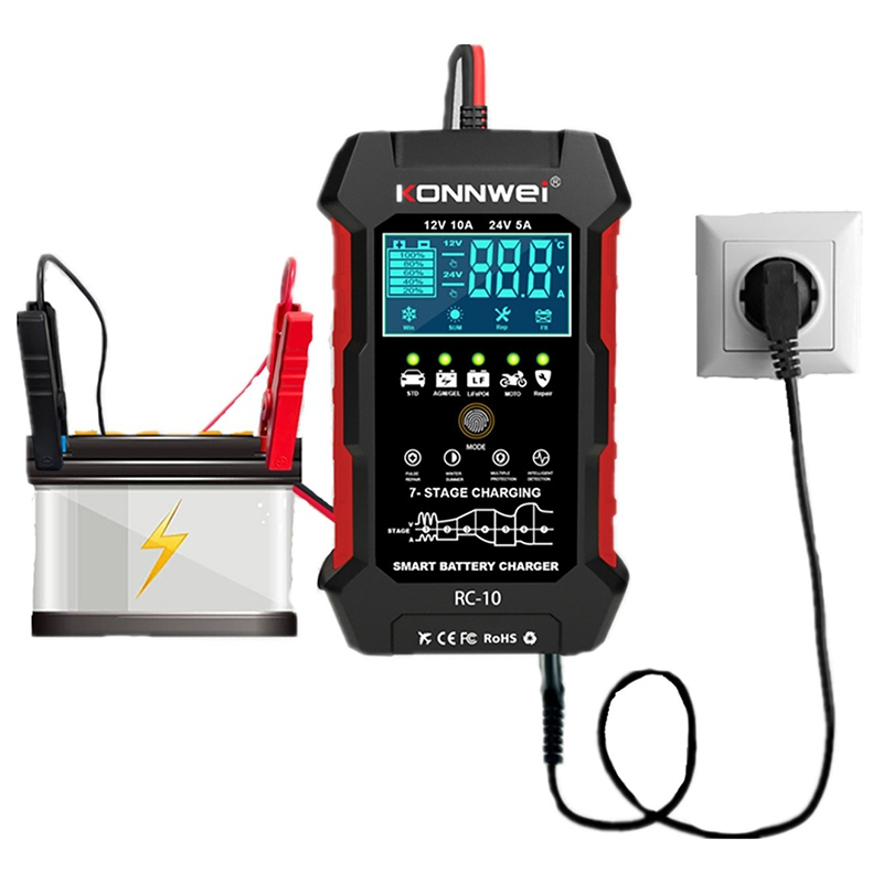 Incarcator inteligent pentru baterii auto Konnwei RC-10, 12V/24V, 5A/10A, Afisaj LCD, Functie Puls Reparare al Bateriei, Compatibil Baterie Li Ion Lifepo4, baterii cu gel, plumb acid, Rosu/Negru [7]