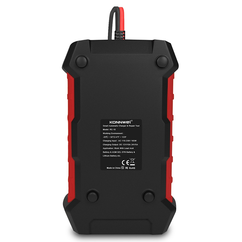 Incarcator inteligent pentru baterii auto Konnwei RC-10, 12V/24V, 5A/10A, Afisaj LCD, Functie Puls Reparare al Bateriei, Compatibil Baterie Li Ion Lifepo4, baterii cu gel, plumb acid, Rosu/Negru [4]