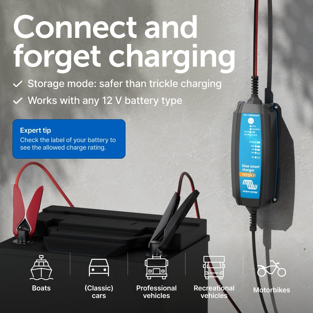 Incarcator redresor inteligent Victron Energy Blue Smart IP65S 12V 5A, cu Bluetooth, pentru baterii auto, moto, AGM, Gel si LifePo4, functie mentenanta si recuperare baterie, DC Connector inclus [6]