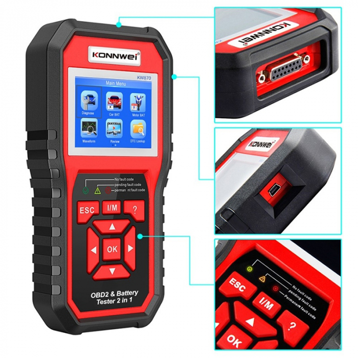 Tester baterii si diagnostice OBD II KONNWEI KW870, 2 in 1, pentru masini 12V, functii complete [6]