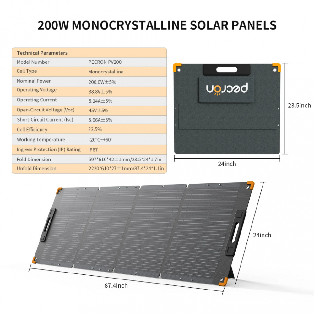 Panou solar portabil PECRON PV200, 200W, Monocristalin, Rezistent IP67, Pliabil, Greutate 8kg, Cabluri 2-in-1 pentru incarcare rapida [2]