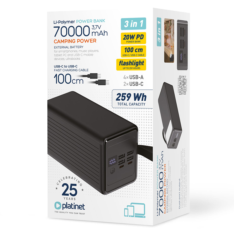 Power bank Platinet PMPB7020 70000mAh 20W PD negru, cu lanterna, pentru camping, pene de curent, urgente [4]