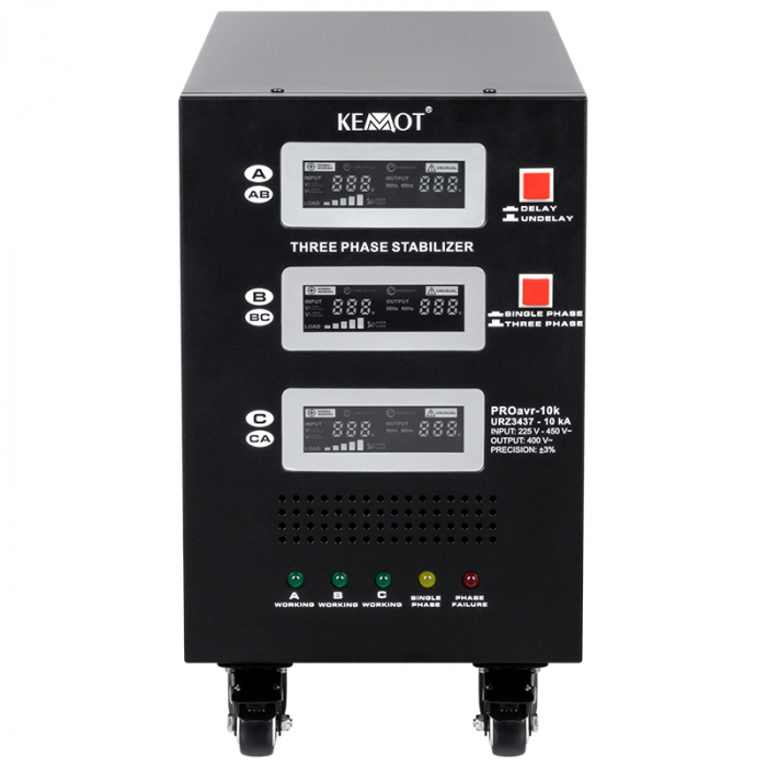 Stabilizator de Tensiune cu Servomotor Trifazat 10.000VA, Cu Siguranțe și Roti, 225–450V AC, Afișaj LED, Kemot PROAVR-10K [3]