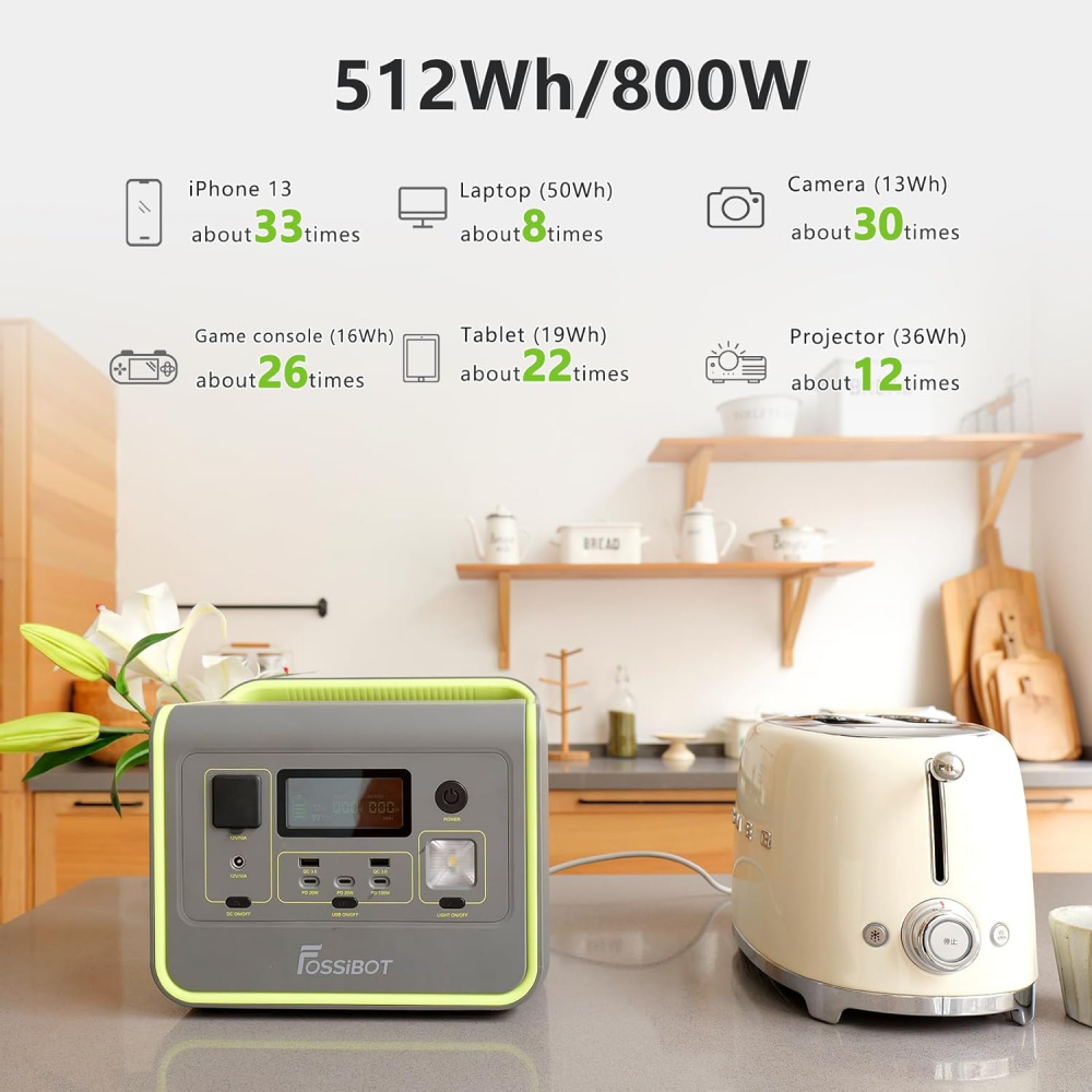 Statie de alimentare portabila Fossibot F800 Verde, 800W, 512Wh, Ecran LCD, Protectie BMS, 8 iesiri, Lanterna LED, SOS [6]