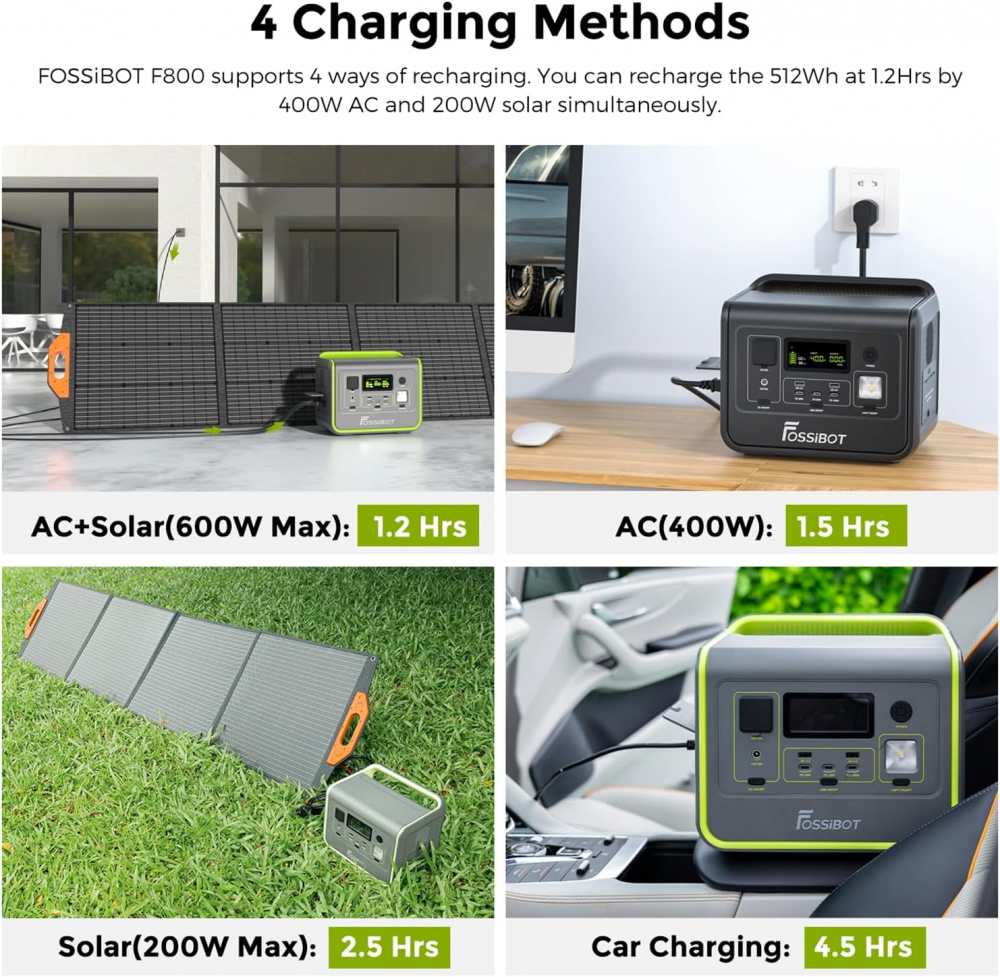 Statie de alimentare portabila Fossibot F800 Verde, 800W, 512Wh, Ecran LCD, Protectie BMS, 8 iesiri, Lanterna LED, SOS [7]