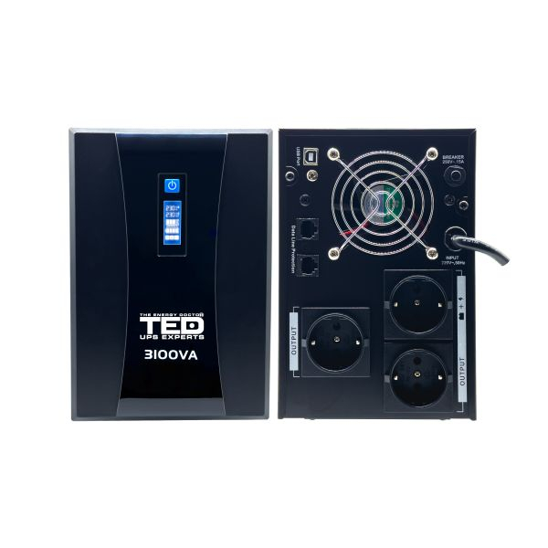 UPS 3100VA 1800W cu Stabilizator si Management, 3x Schuko, Ecran LCD si 4x Acumulator 12V 9Ah, TED Electric [2]