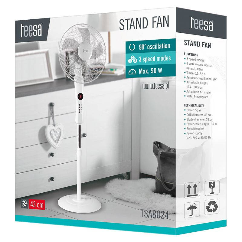 Ventilator cu picior 50W, 3 viteze, oscilatie 90 de grade, functie timer, alb, Teesa [6]