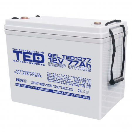 Acumulatori Gel - Acumulator gel Deep Cycle Ted Electric 12V 77Ah, terminal M6, pentru solar, UPS si echipamente industriale, 259 x 168 x 211 mm