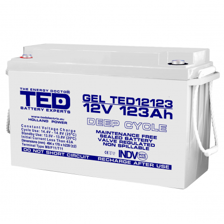 Acumulatori Gel - Acumulator 12V Gel Deep Cycle Solar, Baterie 12V 123Ah M8, Ted Electric Ted003508, Ted12123