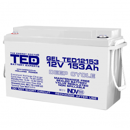Acumulatori Gel - Acumulator 12V Gel Deep Cycle, Baterie 12V 153Ah M8, Ted Electric Ted003515, Ted12153