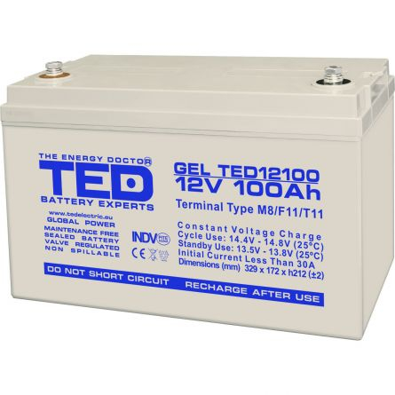 Acumulatori - Acumulator 12V GEL Deep Cycle Solar, Dimensiuni 330 x 173 x 212 mm, Baterie 12V 100Ah M8, TED Electric TED004147