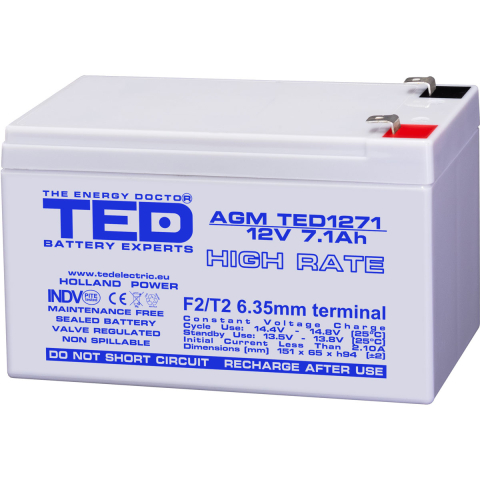 Acumulatori Standard Plumb - Acumulator 12V High Rate, Dimensiuni 151 x 65 x 95 mm, Baterie 12V 7.1Ah F2, TED Electric TED003300