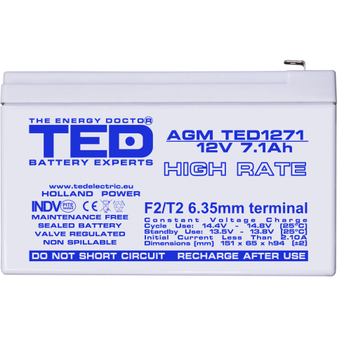 Acumulator 12V High Rate, Dimensiuni 151 x 65 x 95 mm, Baterie 12V 7.1Ah F2, TED Electric TED003300 [2]