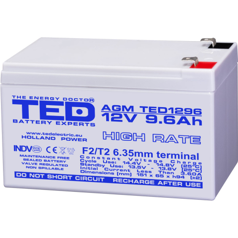 Acumulatori Standard Plumb - Acumulator 12V High Rate, Dimensiuni 151 x 65 x 95 mm, Baterie 12V 9.6Ah F2, TED Electric TED003324