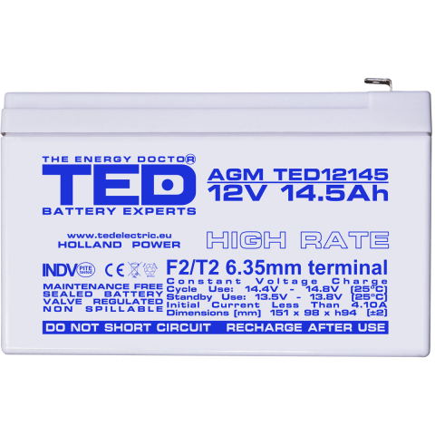 Acumulator 12V High Rate, Dimensiuni 151 x 98 x 95 mm, Baterie 12V 14.5Ah F2, TED Electric TED002792 [2]