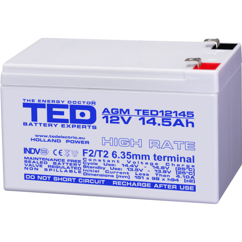 Acumulatori Standard Plumb - Acumulator 12V High Rate, Dimensiuni 151 x 98 x 95 mm, Baterie 12V 14.5Ah F2, TED Electric TED002792