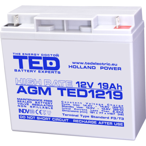 Acumulatori Standard Plumb - Acumulator 12V High Rate, Dimensiuni 181 x 76 x 167 mm, Baterie 12V 19Ah F3, TED Electric TED002815