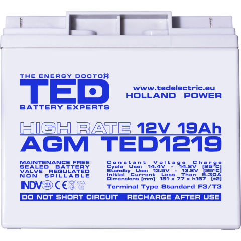 Acumulator 12V High Rate, Dimensiuni 181 x 76 x 167 mm, Baterie 12V 19Ah F3, TED Electric TED002815 [2]