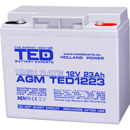 Acumulatori Standard Plumb - Acumulator 12V High Rate, Dimensiuni 181 x 76 x 167 mm, Baterie 12V 23Ah M5, TED Electric TED003362