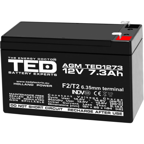 Acumulatori Standard Plumb - Acumulator 12V Stationar VRLA, Dimensiuni 151 x 65 x 95 mm, Baterie 12V 7.3Ah F2, TED Electric TED003249