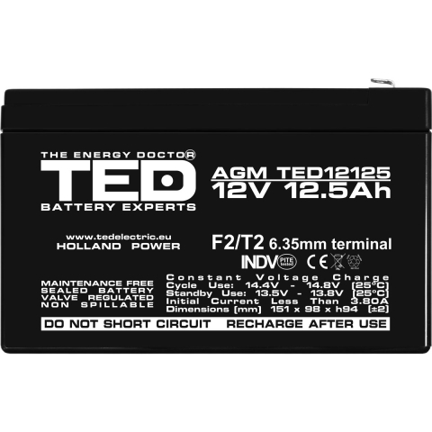 Acumulator 12V Stationar VRLA, Dimensiuni 151 x 98 x 95 mm, Baterie 12V 12.5Ah F2, TED Electric TED002754 [2]