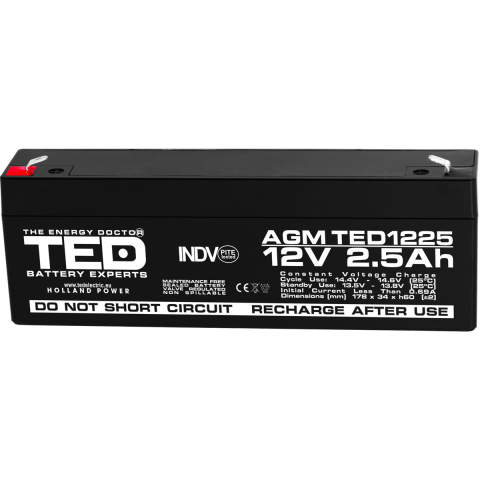 Acumulatori Standard Plumb - Acumulator 12V Stationar VRLA, Dimensiuni 178 x 34 x 60 mm, Baterie 12V 2.5Ah F1, TED Electric TED003096