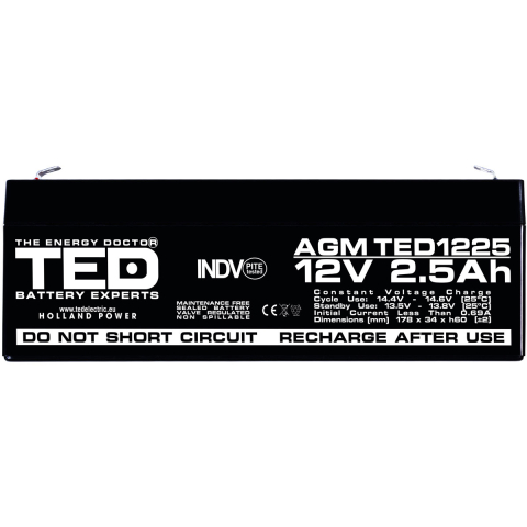Acumulator 12V Stationar VRLA, Dimensiuni 178 x 34 x 60 mm, Baterie 12V 2.5Ah F1, TED Electric TED003096 [2]