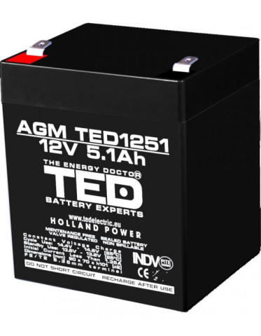 Acumulatori Standard Plumb - Acumulator 12V Stationar VRLA, Dimensiuni 90 x 70 x 98 mm, Baterie 12V 5.1Ah F2, TED Electric TED003157