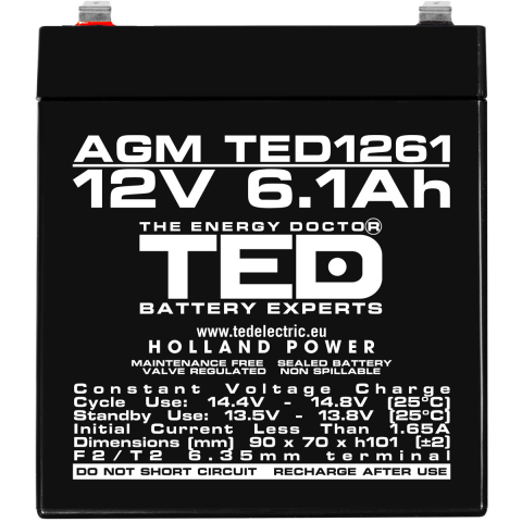 Acumulator 12V Stationar VRLA, Dimensiuni 90 x 70 x 98 mm, Baterie 12V 6.1Ah F2, TED Electric TED003171 [2]