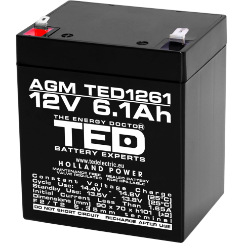 Acumulatori AGM - Acumulator 12V Stationar VRLA, Dimensiuni 90 x 70 x 98 mm, Baterie 12V 6.1Ah F2, TED Electric TED003171