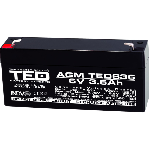 Acumulatori Standard Plumb - Acumulator 6V Stationar VRLA, Dimensiuni 133 x 34 x 59 mm, Baterie 6V 3.6Ah F1, TED Electric TED002891
