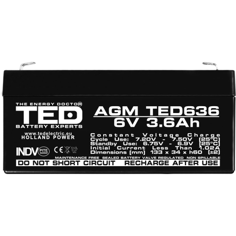 Acumulator 6V Stationar VRLA, Dimensiuni 133 x 34 x 59 mm, Baterie 6V 3.6Ah F1, TED Electric TED002891 [2]