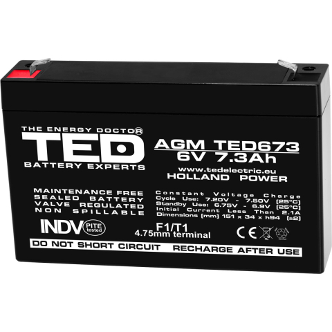 Acumulatori Standard Plumb - Acumulator 6V Stationar VRLA, Dimensiuni 151 x 34 x 95 mm, Baterie 6V 7.3Ah F1, TED Electric TED002976
