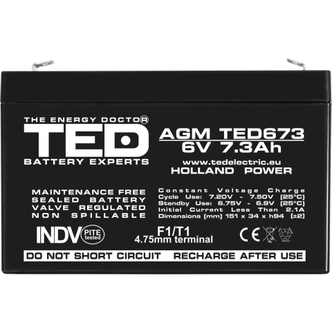 Acumulator 6V Stationar VRLA, Dimensiuni 151 x 34 x 95 mm, Baterie 6V 7.3Ah F1, TED Electric TED002976 [2]