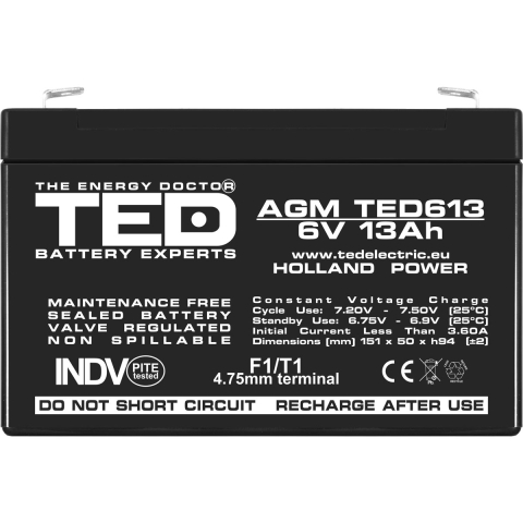 Acumulator 6V Stationar VRLA, Dimensiuni 151 x 50 x 95 mm, Baterie 6V 13Ah F1, TED Electric TED003010 [2]