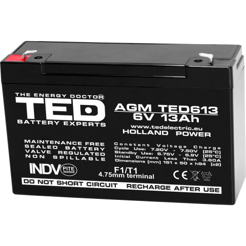 Acumulatori Standard Plumb - Acumulator 6V Stationar VRLA, Dimensiuni 151 x 50 x 95 mm, Baterie 6V 13Ah F1, TED Electric TED003010