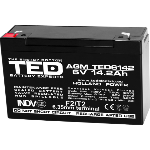 Acumulatori Standard Plumb - Acumulator 6V Stationar VRLA, Dimensiuni 151 x 50 x 95 mm, Baterie 6V 14.2Ah F2, TED Electric TED003034