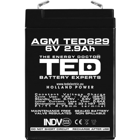 Acumulator 6V Stationar VRLA, Dimensiuni 65 x 33 x 99 mm, Baterie 6V 2.9Ah, TED Electric TED002877 [2]